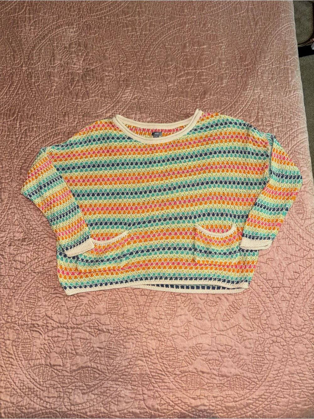 Aerie Colorful Crocheted Stripe Pullover Sweater